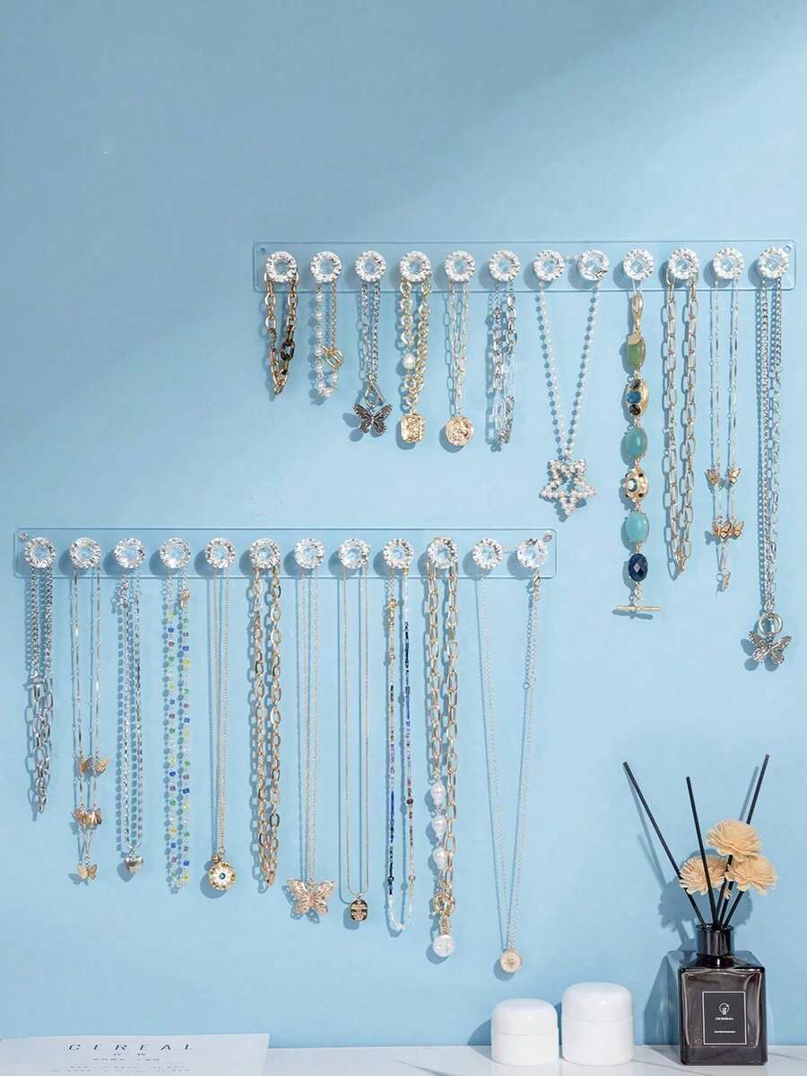 1pc Acrylic Necklace Holder Wall Mount Jewelry Storage Rack With 12 Diamond Shaped Hooks, Gift For Girls & Women - Clear - View 1