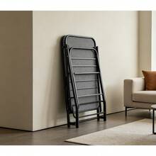 Catre Hotelero Plegable Individual con Colchón Incluido 190x100x150 cm| Estructura de Acero Negro con Cabecera Cruzada| Colchón Acolchado Rayado Azul y Gris| Fácil de Plegar y Guardar| Ahorra Espacio| para Hotel Airbnb e Invitados - Negro - Ver 2