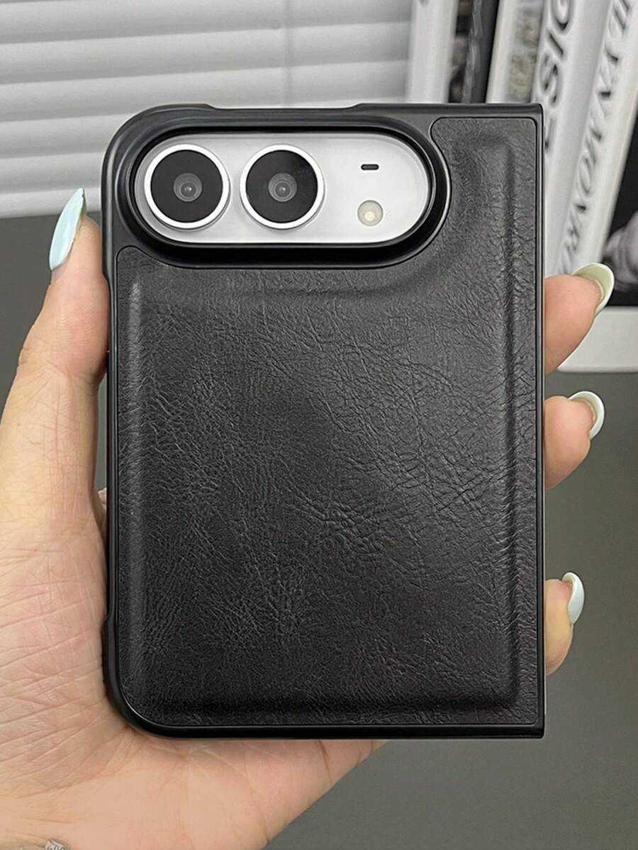 Retro Vintage Premium Crazy Horse Leather Phone Case Compatible With IPhone Duo Fold Full-Body Shockproof Protective Cover Business Style - Black - View 1