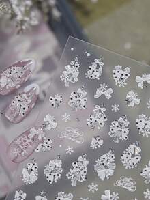 1Sheet Self-Adhesive Xmas Nail Decals, 3D Embossed Red Green Polka Dot Bow Snowflake With Star Details, Chic Nail Stickers For Winter Season Manicure - Multicolor - View 1