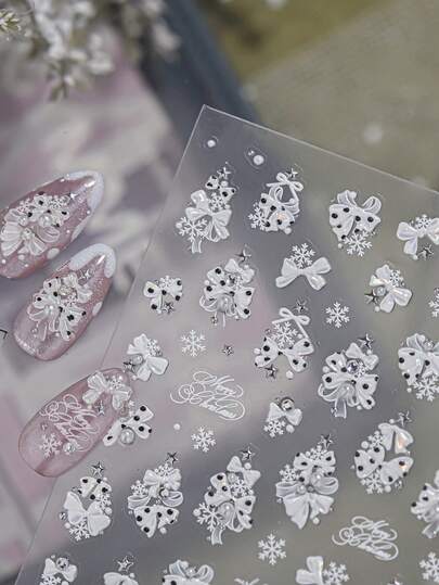 1Sheet Self-Adhesive Xmas Nail Decals, 3D Embossed Red Green Polka Dot Bow Snowflake With Star Details, Chic Nail Stickers For Winter Season Manicure