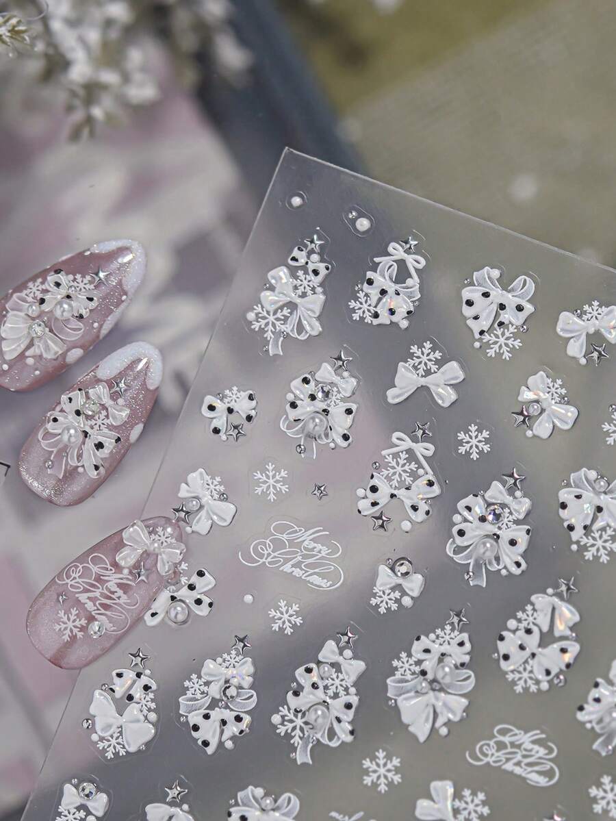 1Sheet Self-Adhesive Xmas Nail Decals, 3D Embossed Red Green Polka Dot Bow Snowflake With Star Details, Chic Nail Stickers For Winter Season Manicure - Multicolor - View 1