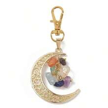 Cross-Border New Hot Selling Zinc Alloy Natural Colorful Asymmetrical Stone Tree Of Life Moon Pendant Keychain Jewelry - Gold - View 1