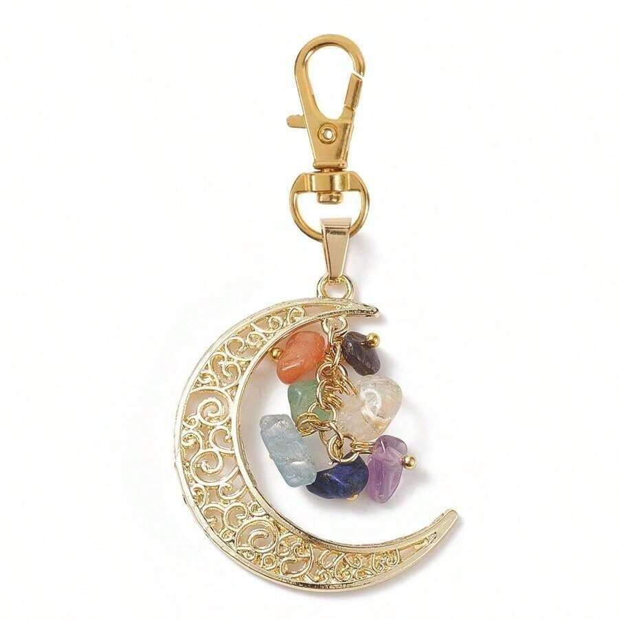 Cross-Border New Hot Selling Zinc Alloy Natural Colorful Asymmetrical Stone Tree Of Life Moon Pendant Keychain Jewelry - Gold - View 1