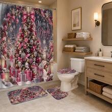 1pc/4pcs Pink Bow Christmas Tree Pattern Multifunctional Bathroom Decor Shower Curtain Set, Free 12 Hooks, Premium Holiday Atmosphere, Bathroom Mat, U-Shaped Rug And Round Toilet Lid Cover, Suitable For All Occasions, Bathroom Set - Pink Bow Christmas Tree - View 4