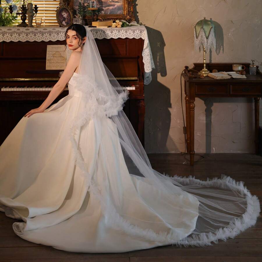 1pc Beige Double Layer Face Veil Long Train Bridal Veil, Ethereal Pleated Edge Wedding Outdoor Ceremony Main Veil - Off White - View 1