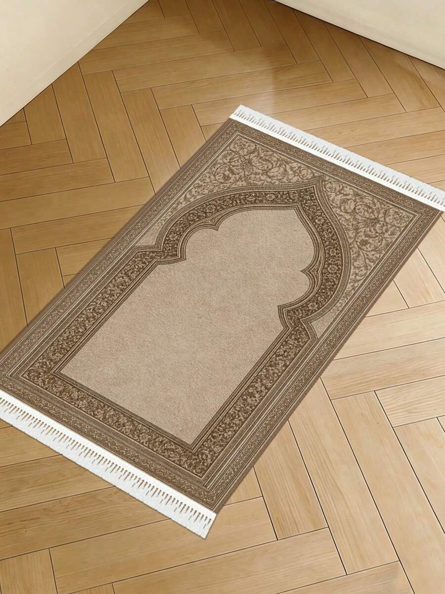 1pc Brown Flannel Muslim Prayer Mat, Thickened Sponge Soft Material, Facing Mecca Prayer Carpet, Ramadan Home Decor Floor Mat, Classic Embossed Design - Brown - View 1