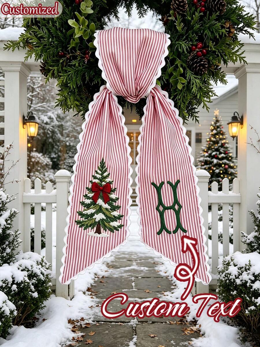 Personalized Christmas Wreath Decoration Ribbon, Customized Tree-Shaped Letter Striped Ribbon, Collegiate Style Holiday Door Decor Wavy Edge Bow, Striped Front Door Decoration Wavy Edge Bow, Holiday Decoration, Christmas Front Door Decoration, Christmas Gift - Multicolor - View 1