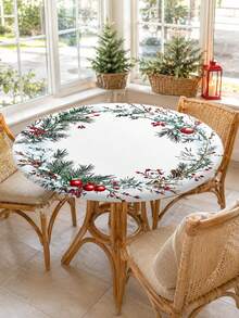 1pc Christmas Round Stretch Table Cloth, White Pine Branch Red Berry Ornament Print Elastic Fitted Tablecloth, Holiday Polyester Table Cover For Dining Table, Kitchen, Christmas Party, Winter Home Decor, Indoor Outdoor Use - Multicolor - View 14