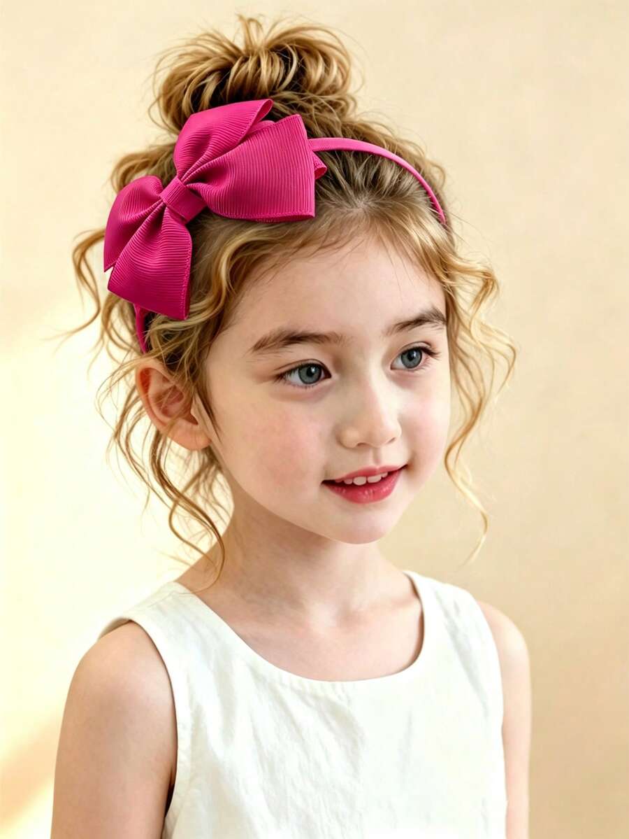 1pc Children's Bow Knot Ribbed Fabric Decorative Sweet Style Headband Daily Wear Girls Hair Accessory - Hot Pink - View 1