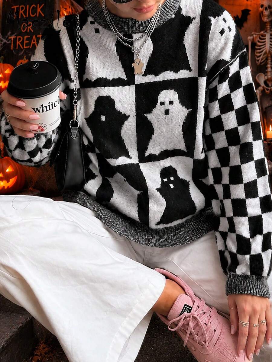 Curve Women Halloween Ghost Pattern Knitted Sweater, Black White Checkerboard Crew Neck Plus Size Pullover, Autumn Fashion Party Sweater - Black - View 1