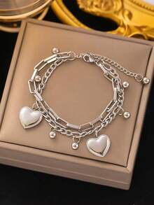 INS Hip-Hop Couple Bracelet, Vintage Double-Layer Heart Design, Minimalist Cold Tone Beaded Chain Wrist Ornament - Multicolor - View 2