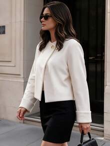 Women's Versatile Ivory Woven Short Jacket, Button Detail Design, Long Regular Sleeves, Round Neck, Suitable For Autumn Wear - Apricot - View 4