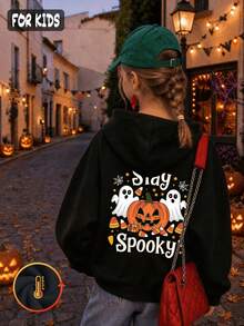 Halloween Autumn Winter Girls' Hooded Fleece Sweatshirt With Pumpkin, Ghost, Candy Print And "Stay Spooky" Text, - Black - View 1