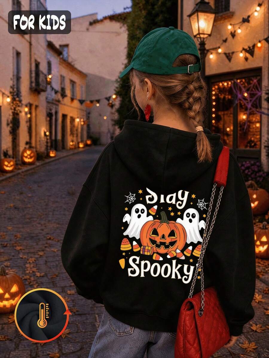 Halloween Autumn Winter Girls' Hooded Fleece Sweatshirt With Pumpkin, Ghost, Candy Print And "Stay Spooky" Text, - Black - View 1