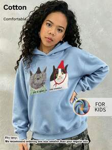 Kids Hooded Sweatshirt, Two Cute Cats With Hat Quote Letter Graphic Print Thick Fleece Lined Pullover For Kids - Blue - View 3