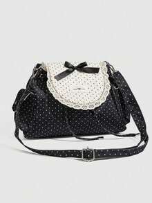Sweet Cute Retro Classic Polka Dot Flap Shoulder Bag, Multi-Pocket Large Capacity, Minimalist Fashion Textured Crossbody Bag - Black - View 9
