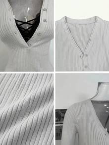 Minimalist Sexy Hot Girl V-Neck Knit Tank Top Women Autumn/Winter Design Slim Fit Inner Layer Base Layer Knit Long Sleeve Top 2 Pieces Set - Grey - View 8