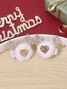 2Pcs Christmas Reindeer Antler Hair Clips Hair Clips For Girls Flower Girl Heart Pom Pom Decor Wrapped Alligator Clips Party Hair Accessories For Kids - Multicolor - View 9