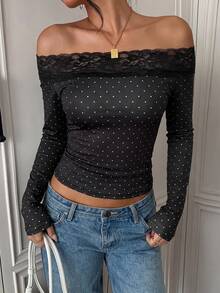 SCARLUX Fall Winter Women Y2K Polka Dot Long Sleeve Top, Lace Trim Off‑Shoulder Fitted Tee For Back To School, Street, Daily Commute - Black - View 2