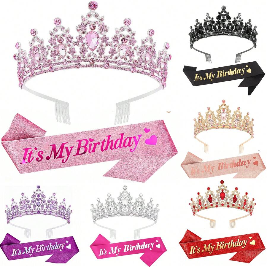 Birthday Headbands Sash For Women Girls Rhinestone Happy Birthday Accessories Favor Supllies Gold Pink White Yellow - Multicolor - View 1
