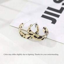 2pcs New Korean Style Women's Exaggerated Earrings, Brown Leopard Print Geometric Hoop Earrings, Vintage Fashion Jewelry Gift - Multicolor - View 4