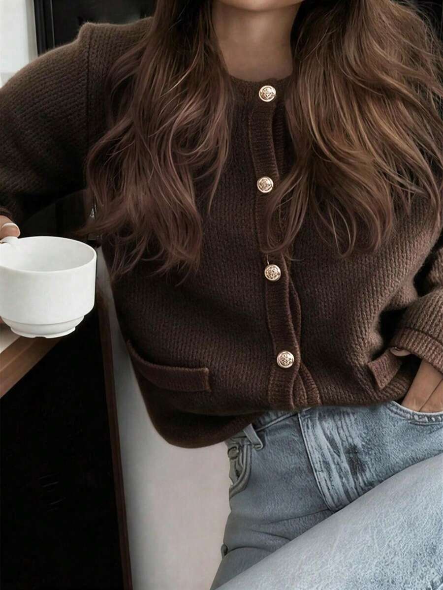 女款秋冬新款法式浪漫柔美女裝對比飾邊通勤風針織開襟上衣 - 咖啡 - 查看 1