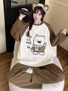 2pcs/Set Women's Spring/Autumn/Winter Cartoon Pajamas, Casual Sweat-Absorbent Breathable Round Neck Long Sleeve Long Pants Loungewear, Fall Clothes For Women - Brown - View 1