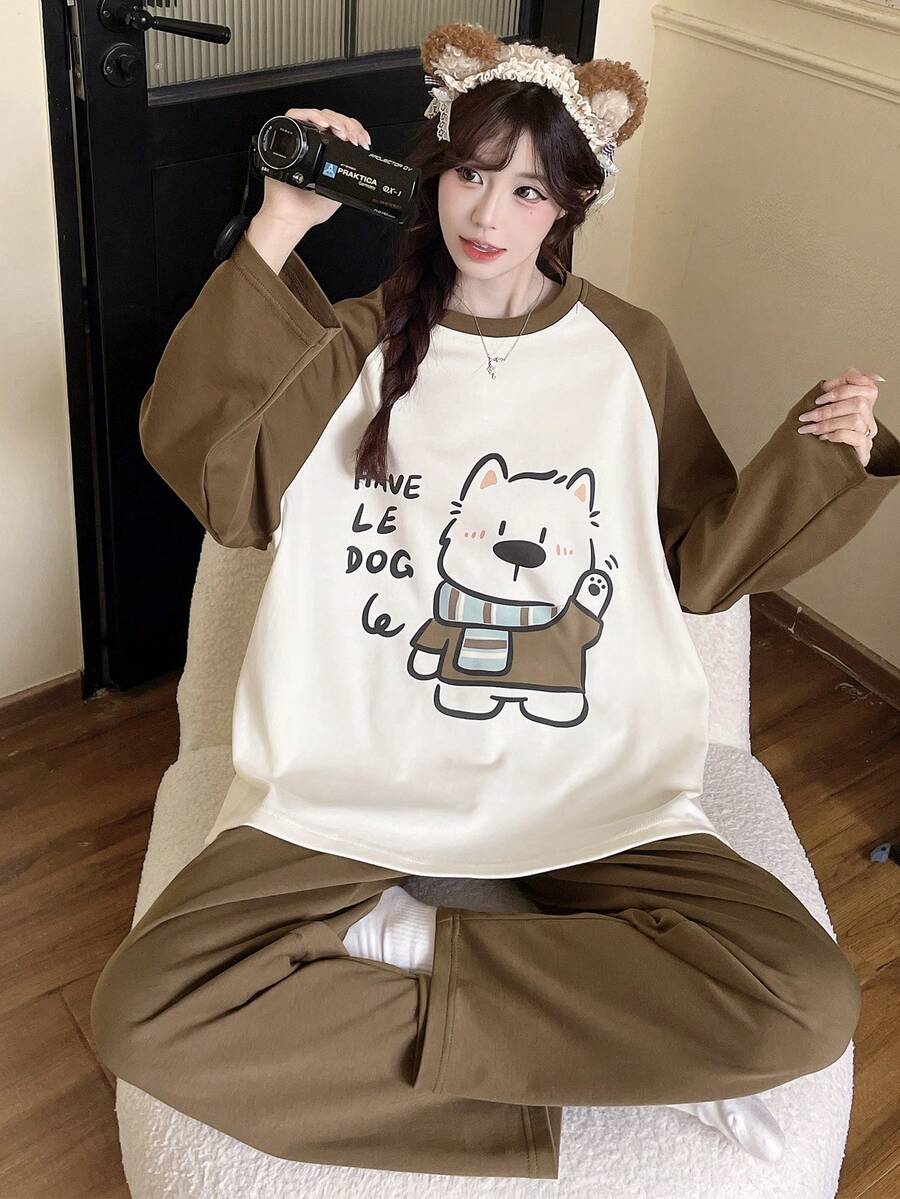 2pcs/Set Women's Spring/Autumn/Winter Cartoon Pajamas, Casual Sweat-Absorbent Breathable Round Neck Long Sleeve Long Pants Loungewear, Fall Clothes For Women - Brown - View 1
