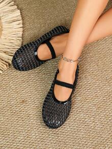 Black Mesh Mary Jane Flat Shoes, Wavy Embroidered Mesh Upper, Elastic Instep Strap, Breathable Round Toe Women Slip‑On Flats - Black - View 5