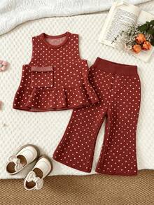 WUHUANG YIYI 2pcs/Set Girls Cute Round Neck Solid Color Polka Dot Pattern Pocket Decor Ruffle Hem Tank Top And Pants Set Loose Fit Casual Daily Outing Autumn - Red - View 8