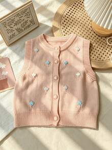 WUHUANG YIYI Baby Girls Sweet Cute Style Contrast Solid Color Handmade Flower Applique Decor Round Neck Sweater Vest Cardigan Loose Fit Daily Outing Autumn - Baby Pink - View 6