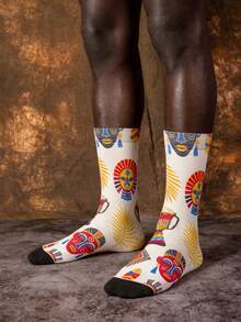 1/3 Pairs Creative Mid-Calf Socks, Totem Palm Leaf Print Street Fashion Personalized Mid-Calf Socks, Fun Halloween Gift - Multicolor - View 3