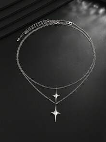2pcs Gold Double Layer Four-Pointed Star Men's Necklace, Minimalist Cross Star Pendant Layered Chain, Versatile Luxury Accessory Gift For Autumn/Winter Shirts And Coats - 2pcs - View 7
