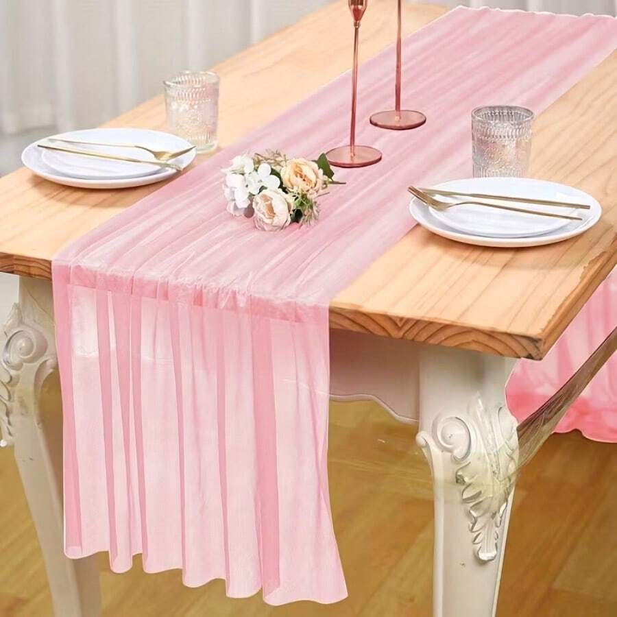 1pc, Blush Gauze Table Runner Tablecover Decor, Elegant Solid Color Blush Party Table Decoration 118.11", Chic Balinese Style Rustic Wedding Table Runner, For Birthday, Baby Shower, Bridal Shower Decorations, Wedding Decor - Baby Pink - View 1