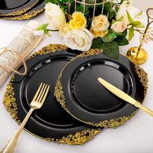 20pcs Black Carved Plates With Gold Rim, Exquisite Plates Suitable For Birthday Party, Family Gathering, Etc., Washable And Reusable - View 3