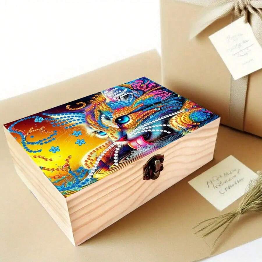1pc Handmade Painting Art Set, With A Storage Box Featuring Water Drinking Pattern, Equipped With Lock And Flip Lid. This Wooden Box Is Multi-Functional, Can Be Used As A Jewelry Box Or An Art Display Box. - Multicolor - View 1