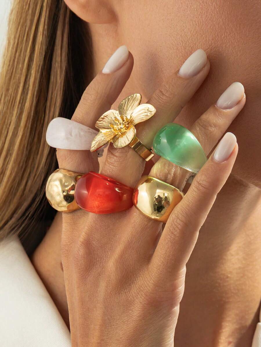 Bộ 1 nhẫn hoa resin và kim loại nhiều màu, nhẫn dày phong cách vintage có thể đeo chồng, trang sức ngón tay boho nổi bật cho nữ, phụ kiện đeo hàng ngày và dự tiệc - Nhiều màu - Xem 1