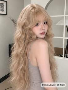alicegarden 34-Inch Long Synthetic Wig Featuring A Natural Wavy Style In A A Stunning Linen-Gold. Designed With Bangs , This False Hairpiece Is Perfect For Ms Daily Party Cosplay Use, Offering A Natural And Natural Durable Wig Gift For Ladies. - Linen Gold - View 3