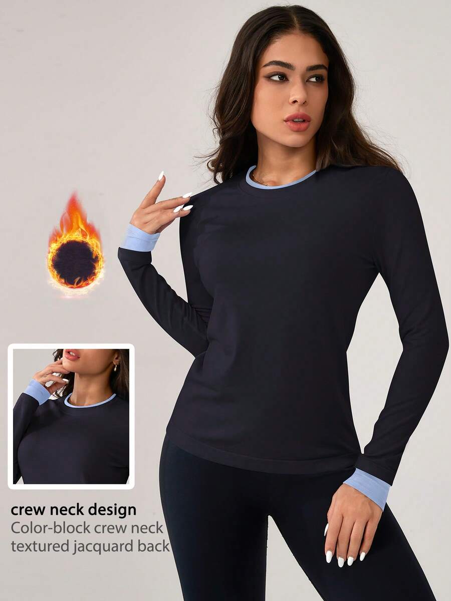 Leorrey 1 buah Kaos Olahraga Wanita Fashion Wol Leher Bulat Warna Blok Dua Potong Nyaman Lembut Lengan Panjang - Navy Blue - View 1