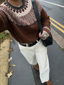 Women's Fall Winter Brown Fair Isle Pattern Soft Cozy Knit Crew Neck Long Sleeve Sweater, Relaxed Fit Vintage Casual Daily Office Work Commute Wear - Coffee Brown - View 4