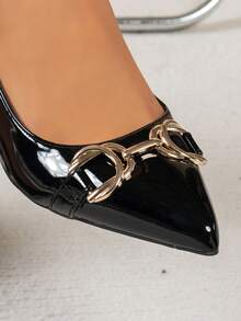Black Glossy Pointed Toe Metal Buckle Back Strap High Heel Pumps, Kitten Heel Commuter Party Elegant High Heels - Black - View 7