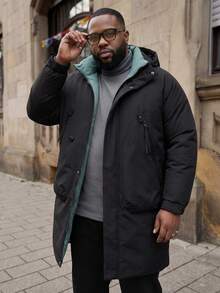 Men Plus Size Long Sleeve Thick Wadded Winter Coat, Mid-Length Padded Coat, Fall/Winter - Black - View 1