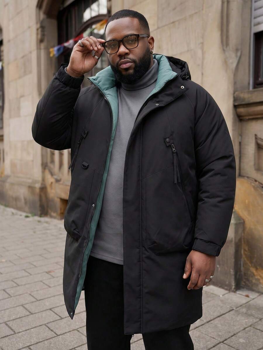Men Plus Size Long Sleeve Thick Wadded Winter Coat, Mid-Length Padded Coat, Fall/Winter - Black - View 1