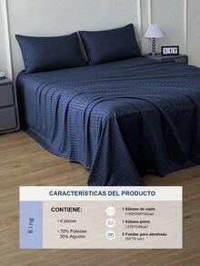 King Size Striped Sheet Set 3000 Thread Count, 4 Pieces / (1 Lining, 1 Sheet/ 2 Pillowcases) - Navy Blue - View 4