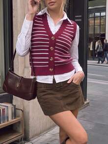 Aflion Women's Summer Autumn Striped Knit Vest, V-Neck Front Button Sleeveless Cropped Sweater Vest - Burgundy - View 9
