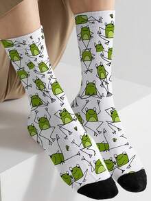 1 Pair All-Over Print Cute Cartoon Frog Crew Socks, 360 Full Graphic Fun Animal Mid Socks Novelty Casual Street Socks For Men Women Quirky Gift Socks - Multicolor - View 1