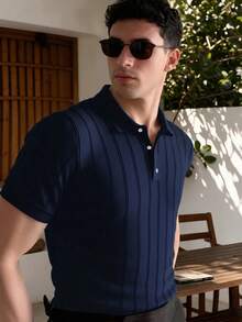 ALTZTAR Men's Ribbed Short Sleeve Polo Neck Knit Top, Suitable For Daily Wear, Outdoor & Commuting - Navy Blue - View 2