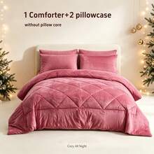 3Pcs Velvet Grid Quilted Comforter Set, Soft Warm Bedding Set With 2 Pillowcases, Pillow Insert Not Included, Vacuum Packed For Bedroom Guest Room - Dark Grey - View 6