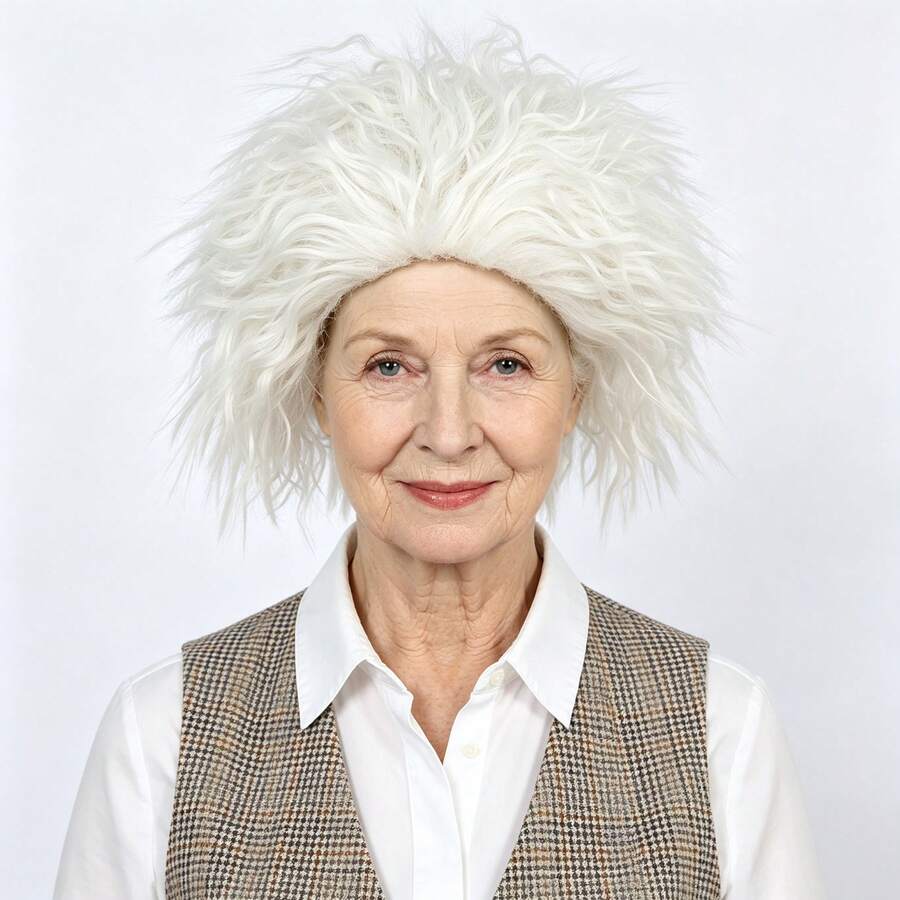 White Fluffy Crimped Synthetic Old Man Wig, Short Voluminous Messy Explosive Style Heat‑Resistant Wig For Halloween Costume Party Dress‑Up - White - View 1